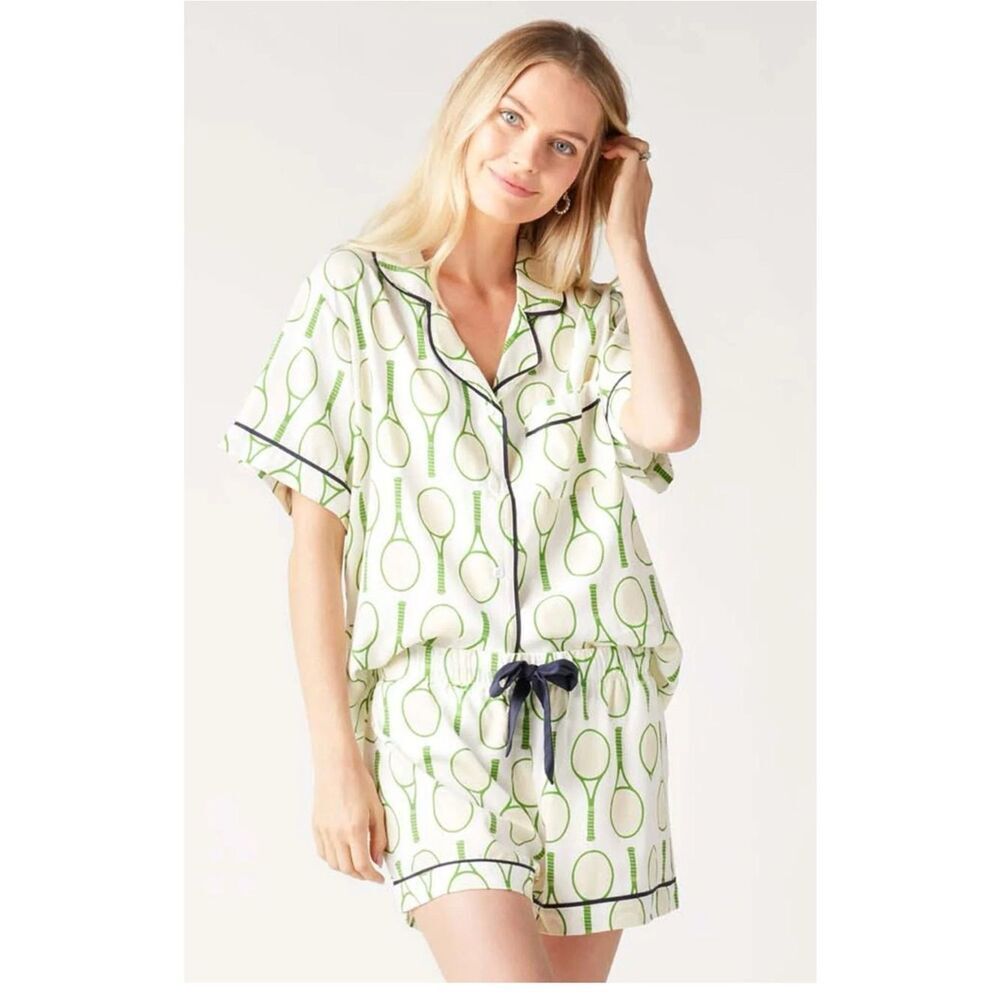 KATIE KIME
Tennis Time Pajama Shorts Set in Green Size XS
